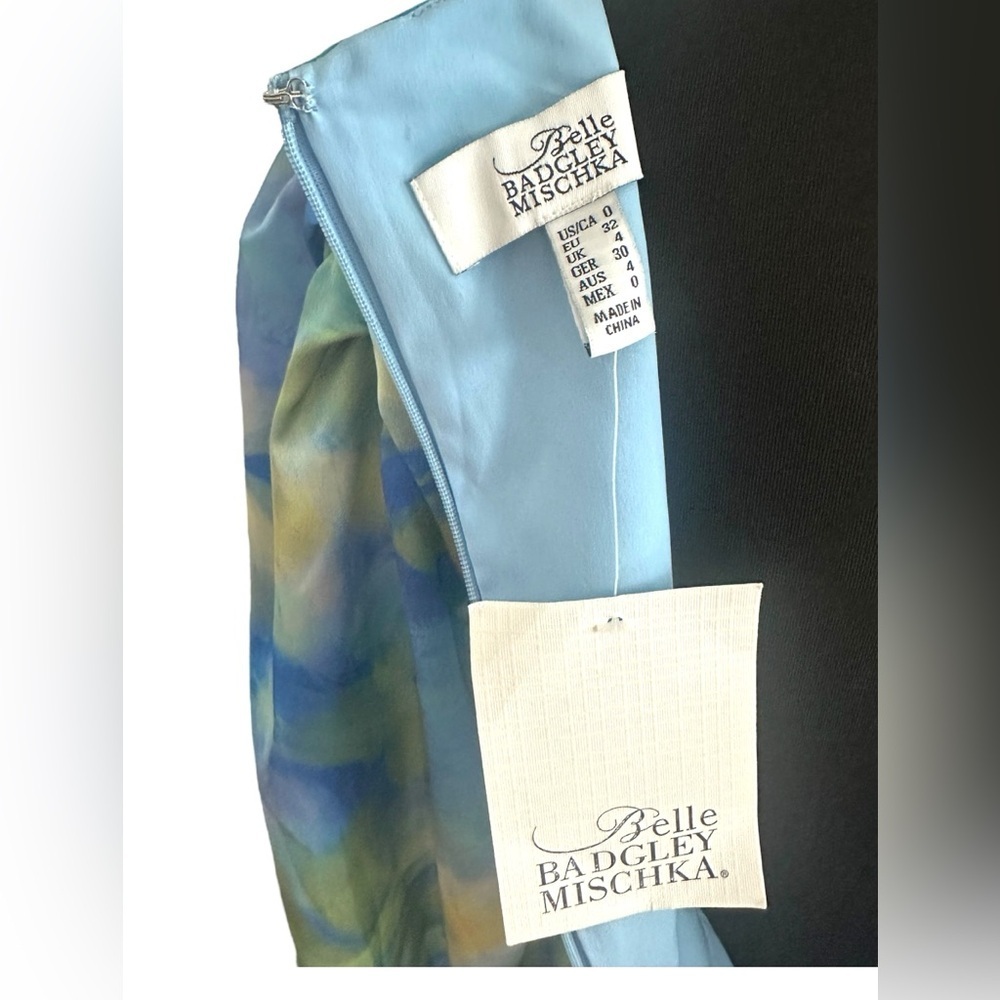 NWT Badgley Mischka Blue & Yellow Watercolor Long Sleeve Satiny Wrap Dress - Picture 10 of 10